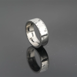 Minimalist silver titanium steel ring with unique ruler scale design and mirror reflection