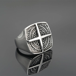 Men's punk titanium steel compass signet ring with vintage silver finish and square face