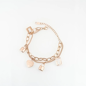 Rose gold double layer stainless steel bracelet with heart charms and locks pendants