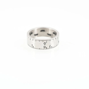 Artistic silver titanium steel tape measure ring with engraved black scale numbers
