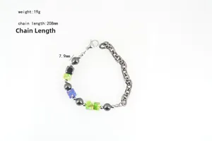 Detail of beaded steel bracelet with measurements 208mm length and 7.9mm bead size