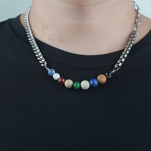 Collier Pendentif Planète Design de Niche Chaîne d'Épissage en Acier au Titane Bijoux Style Hip Hop Street Unisexe