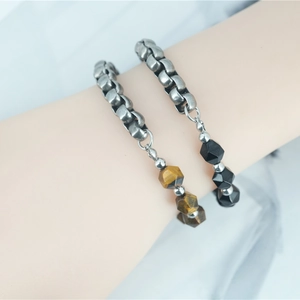 Unisex vintage steel square chain bracelet with tiger eye and obsidian beads