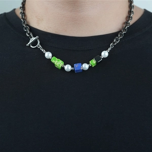 Retro bead necklace set with pearls and color stone blocks on titanium steel chain