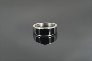 Polished titanium steel ring featuring three black rectangle inlays and a mirror finish