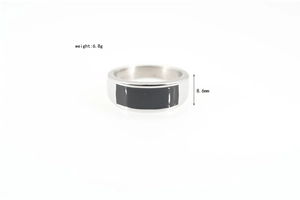 Detail view of 8.6mm wide stainless steel punk ring with black enamel center and 6.8g weight