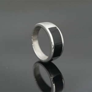 Punk style stainless steel ring for men with rectangular black onyx inlay inlay work