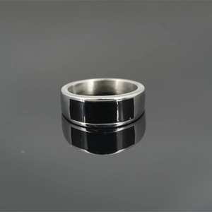 Punk style stainless steel wide band ring with a rectangular black enamel center inlay