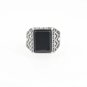 Retro-Edelstahlring für Herren mit schwarzem Onyx-Edelstein und griechischem Schlüsselmuster