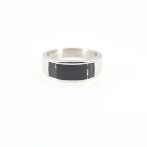 Minimalist silver steel ring with rectangular black enamel inlay and polished finish