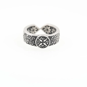 Vintage silver adjustable steel ring with compass emblem and inner floral engravings