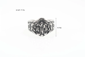 Detailed view of punk style titanium steel ring with floral carvings and 18.9mm height