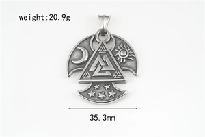 Λεπτομερής όψη του μενταγιόν Valknut με σχέδιο ήλιο-σελήνη και διαστάσεις 35,3 mm