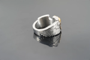 Detail of punk stainless steel skull ring with eagle wing texture and gold accent