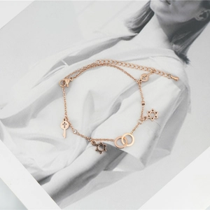 Rose gold hexagram and cross pendant bracelet with adjustable link chain for women