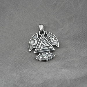 Vintage Βίκινγκ Valknut μενταγιόν κολιέ από ανοξείδωτο ατσάλι με σύμβολα ήλιο και σελήνη