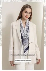 Detailed view of silk square scarf featuring vintage lion print and herringbone borders