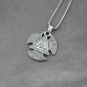 Vintage Βίκινγκ Valknut μενταγιόν κολιέ από αντικέ ασημί ατσάλι με τετράγωνη αλυσίδα κουτί