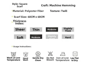 Detailed size chart for the herringbone square scarf showing 68x68cm dimensions