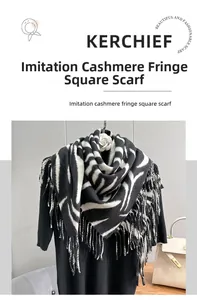 Detail view of zebra print imitation cashmere square scarf with fringe tassels