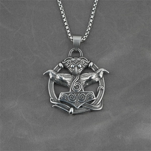 Vintage stainless steel Mjolnir pendant necklace with Odin's ravens and Nordic patterns
