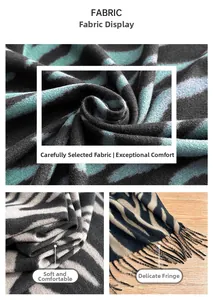 Macro view of zebra striped cashmere scarf with soft texture and refined fringe details