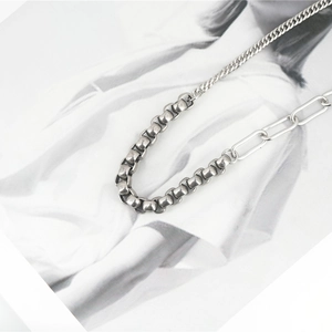 Minimalist silver拼接 Cuban chain necklace in stainless steel on artistic magazine