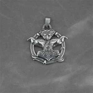 Viking Thor Hammer Mjölnir pendant with Odin's ravens in polished stainless steel
