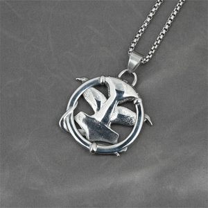 Vintage Thor's Hammer Mjolnir pendant necklace in stainless steel with wing relief