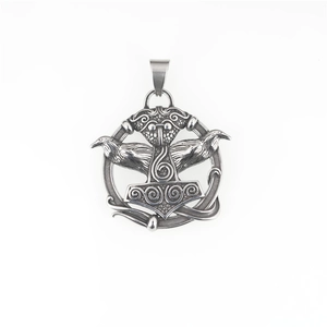 Vintage Mjolnir pendant with Viking ravens crafted in durable stainless steel