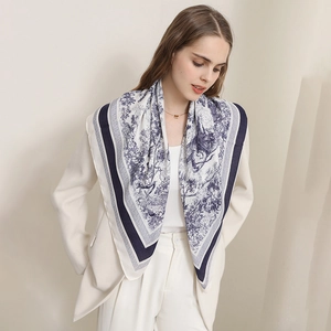 French Vintage Toile De Jouy Printed Polyester Square Scarf For Women Retro Lion Landscape Herringbone Pattern Silk Feeling Scarf