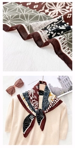 Vue macro du foulard en soie à motif géométrique et tenue élégante assortie
