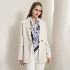 Elegant white blazer suit set with a blue lion print floral silk neck scarf for women