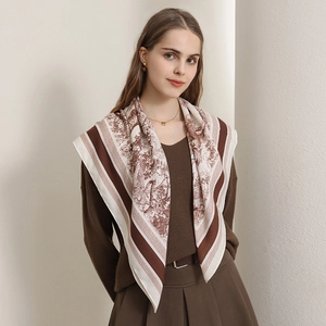 Vintage lion print silk scarf with classic brown border and elegant herringbone pattern