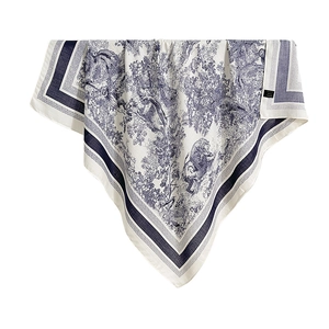 Vintage lion print silk scarf with blue and white Toile de Jouy pattern on white background
