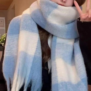 Women Blue White Checkered Plaid Winter Scarf Long Tassel Thick Warm Polyester Imitation Cashmere Shawl Soft Fashion Wrap