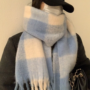 Sky blue and beige checkered thick winter scarf with decorative tassels for women