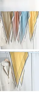 Detail showing various colors of silk scarves with minimalist geometric lines on a suit