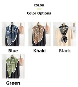 Detail view of abstract floral silk scarves in blue, khaki, black, and green colors