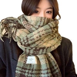 Thick mint green and brown plaid scarf with fringe and woven texture for winter warmth