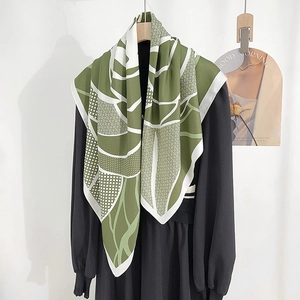 Elegant green and white faux silk square scarf with abstract leaf and geometric pattern