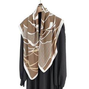 Elegant faux silk square scarf with abstract geometric print in coffee and beige tones