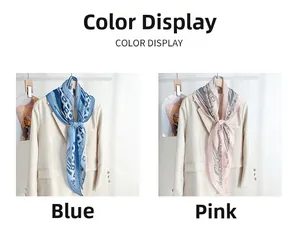 Detail of silk satin scarf with geometric chain prints in blue and pink on white blazer
