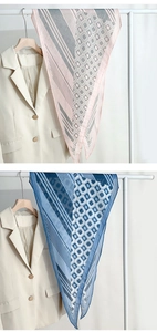 Detail of trendy diamond-pattern faux silk scarf with modern geometric color block design