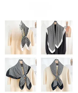 Detail showing four ways to style the vintage black and white V-pattern silk scarf