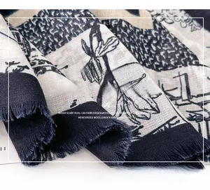 Detailed close-up of mercerized wool scarf with black and white botanical prints and fringe