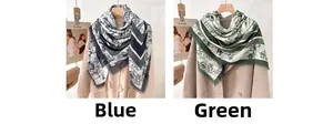 Detail view of retro ethnic Toile de Jouy floral scarves in blue and green patterns