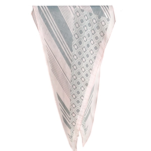 Silk-like rhombic scarf with grey-blue geometric patterns and a pink border edge