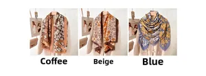 Detailed close-up of fashion square scarves in coffee, beige and blue floral prints
