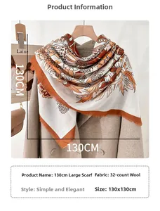 Macro view of floral pattern and fringe edge on beige 130cm square scarf shawl